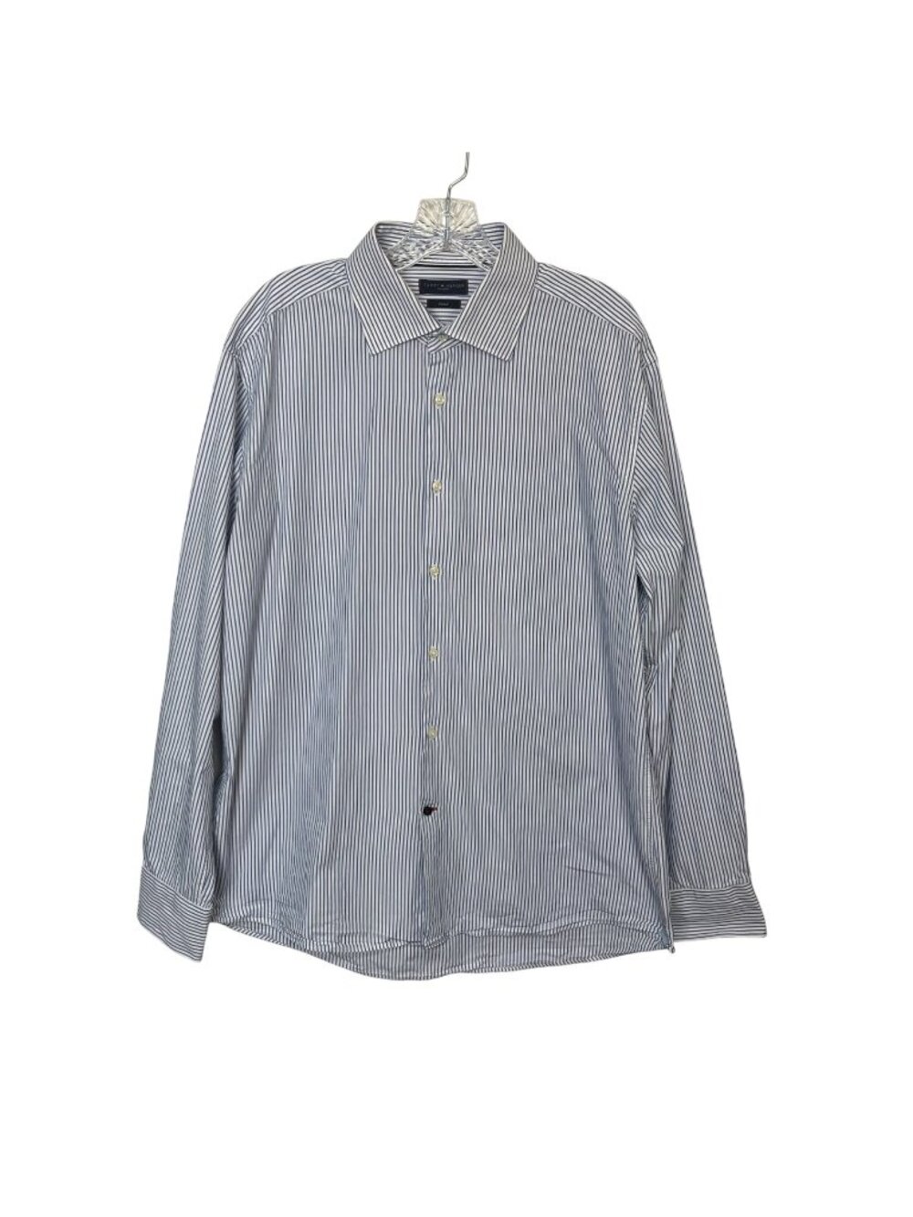 Tommy Hilfiger Button Shirt Mens 44 17.5 Blue White Striped Fitted Tailored
